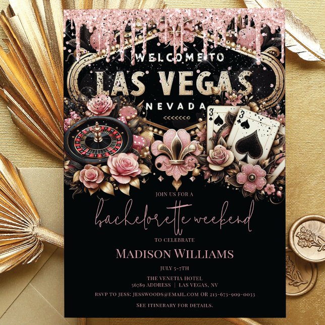 Las Vegas Bachelorette Luxury Black Pink Gold Invitation (Creator Uploaded)