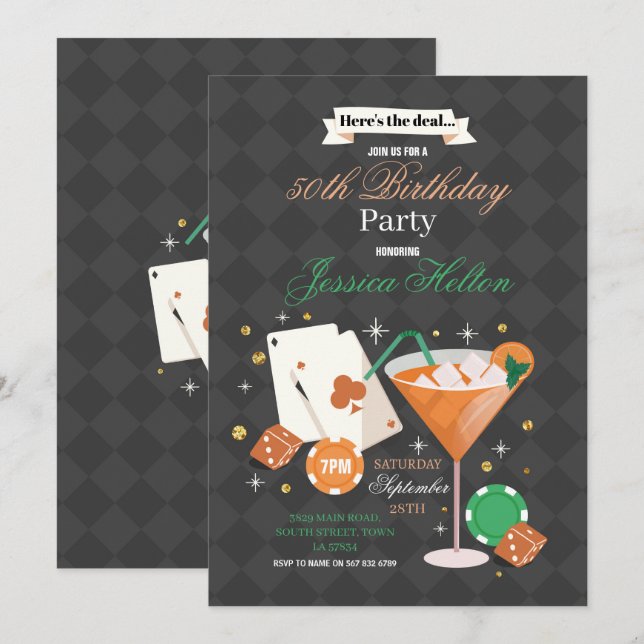Las Vegas Birthday Casino Dice Chips Martini Party Invitation (Front/Back)
