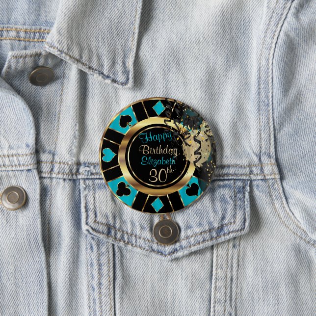 Las Vegas Birthday Party - Teal 7.5 Cm Round Badge (In Situ)