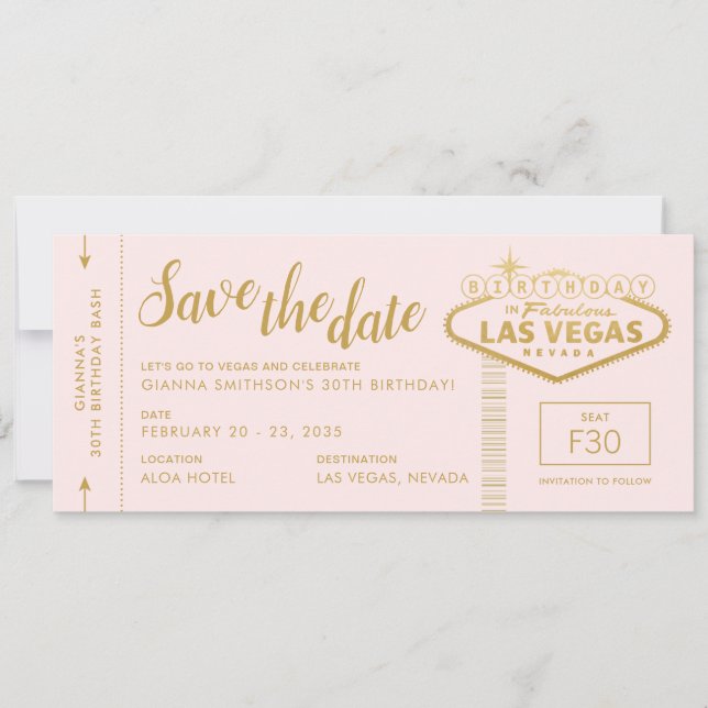 Las Vegas Birthday Pink Gold Save the Date Ticket Invitation (Front)