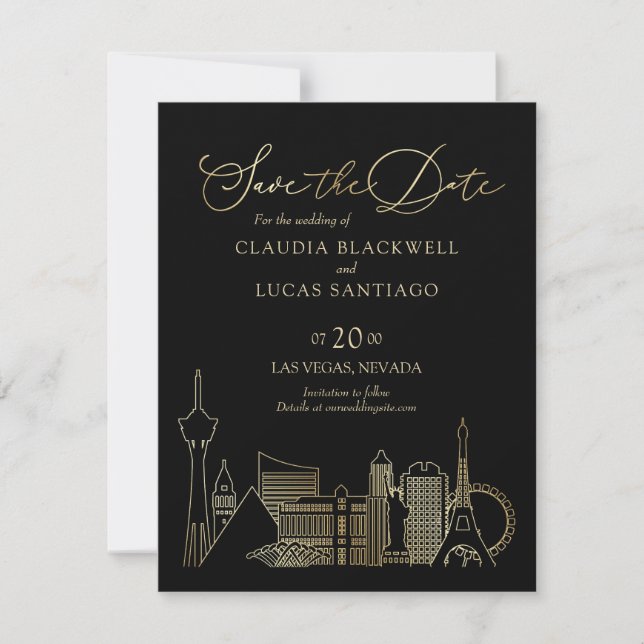 Las Vegas Black and Gold Wedding Save The Date (Front)