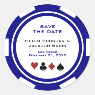Las Vegas Blue White Poker Chip Save The Date Classic Round Sticker