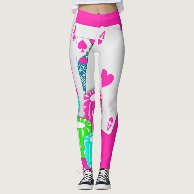 Las Vegas Casino Card Game Blackjack Poker Pink Leggings (Front)