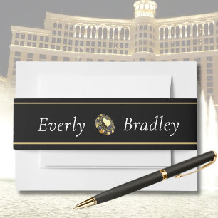 Las Vegas Casino Chip Black Gold Heart Wedding   Invitation Belly Band