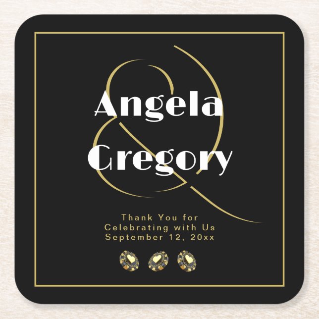 Las Vegas Casino Chips Black Gold White Wedding   Square Paper Coaster (Front)