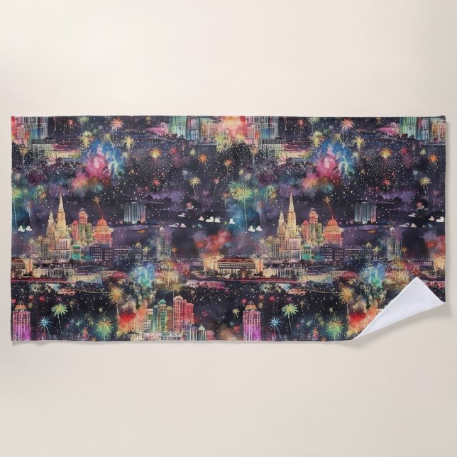 Las Vegas Christmas & New Year's in Watercolors Beach Towel (Front)