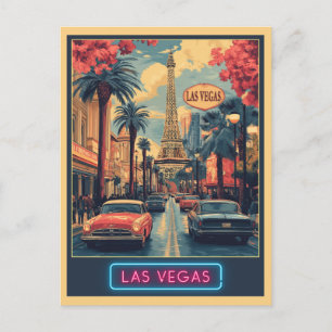 Las Vegas Cityscape with Eiffel Tower - Retro Postcard