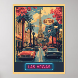 Las Vegas Cityscape with Eiffel Tower - Retro Poster