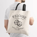 Las Vegas Dice Roll Custom Welcome Tote Bag<br><div class="desc">A unique set of custom tote bags tailored to your Vegas-style destination wedding. It features a welcome text followed by the name of the location or the person receiving the bag. Under this are two rolling black dice. All elements of this design are customisable by using the customise function. Enjoy...</div>
