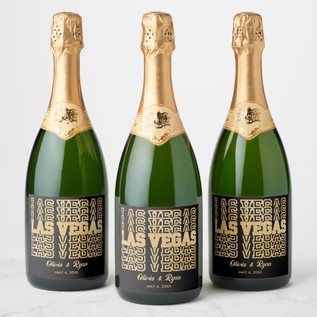 Las Vegas Glam Wedding Personalised Gold & Black Sparkling Wine Label (Bottles)