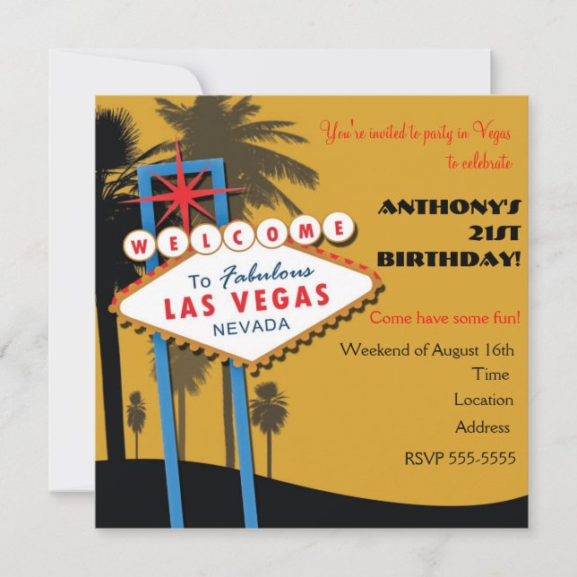 Las Vegas Golden Colour Birthday Party Invitations (Front)