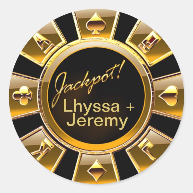 Las Vegas Jackpot Casino Chip black/gold Classic Round Sticker (Front)