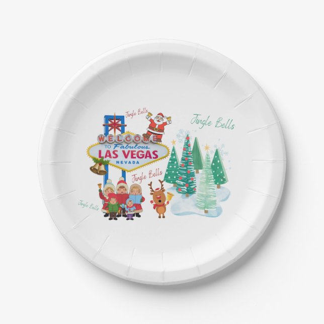 Las Vegas Jingle Bell Christmas Party Paper Plates (Front)