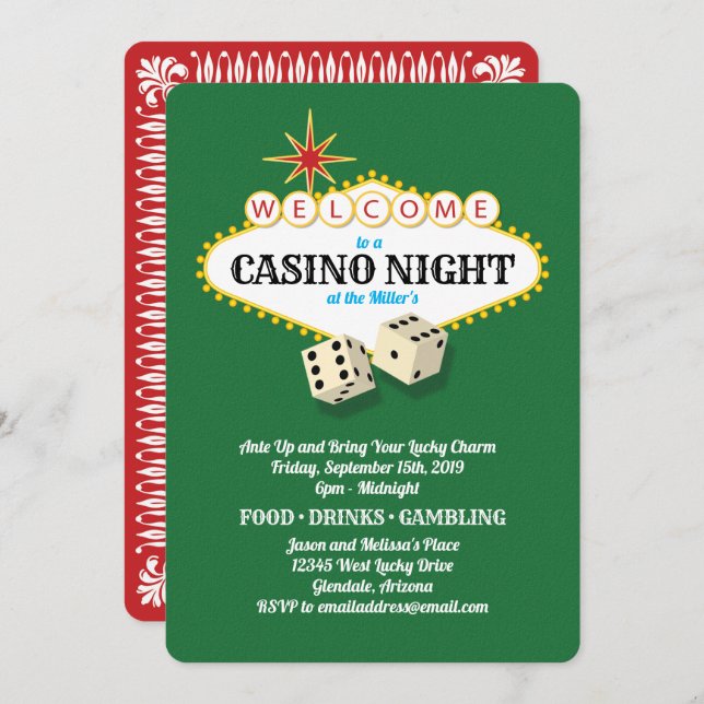 Las Vegas Marquee Casino Night Green Invitation (Front/Back)