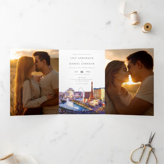 Las Vegas Nevada QR Code 3 Photo Wedding Tri-Fold Invitation (Inside)