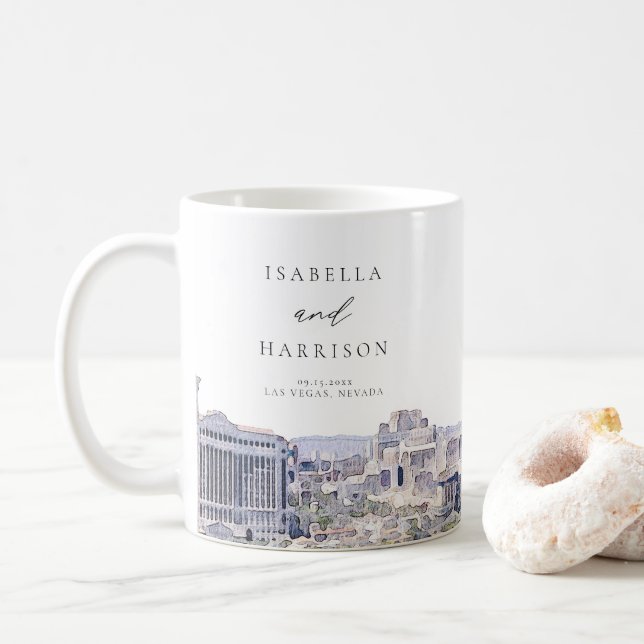 LAS VEGAS NEVADA Skyline Wedding Names Coffee Mug (With Donut)