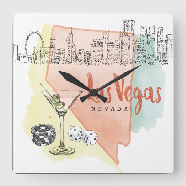 Las Vegas, Nevada | Watercolor Sketch Image Square Wall Clock (Front)