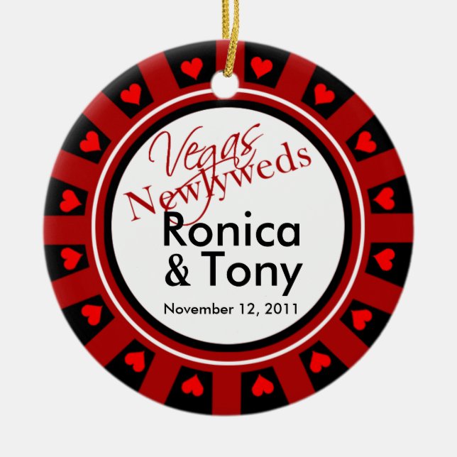 Las Vegas Newlyweds Casino Chip Photo Ceramic Tree Decoration (Front)