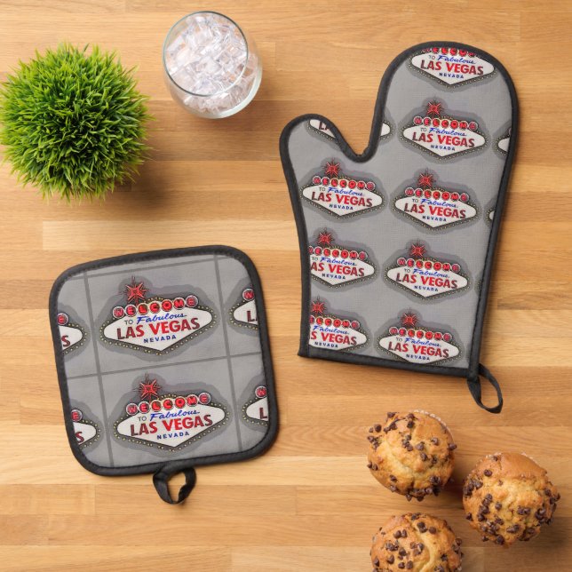 Las Vegas Sign grey Oven Mitt & Pot Holder Set (Top Down)