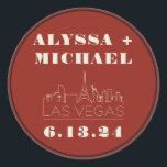 Las Vegas Skyline Casino Wedding  Classic Round Sticker<br><div class="desc">A fun and modern Las Vegas Skyline Casino round sticker for your event in Las Vegas! This custom round sticker features ivory cream Las Vegas skyline and fully customisable font and text on casino red background. Perfect for a trendy modern or classic traditional event - this elegant wedding sticker can...</div>