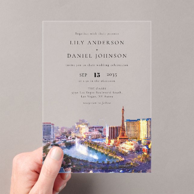 Las Vegas Skyline Watercolor Destination Wedding Acrylic Invitations (Insitu (Handheld))