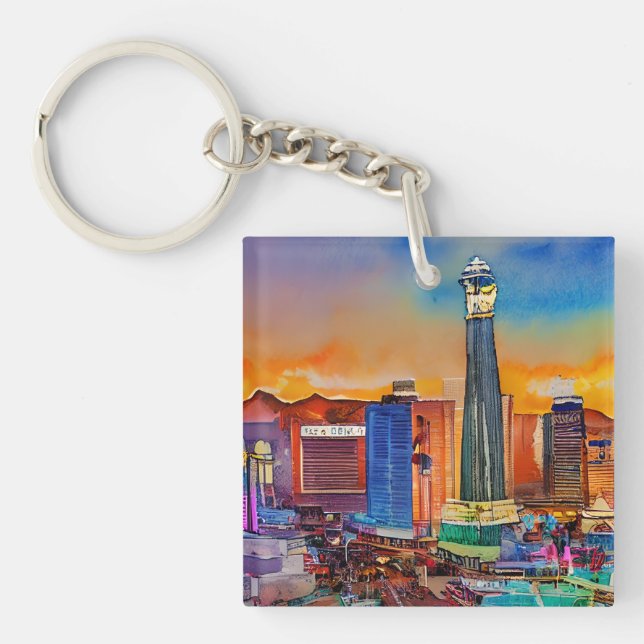 Las Vegas Skyline Watercolor Key Ring (Front)