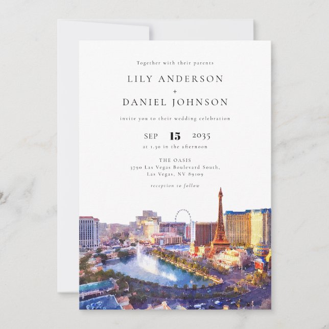 Las Vegas Skyline Watercolor QR Code Wedding Invitation (Front)
