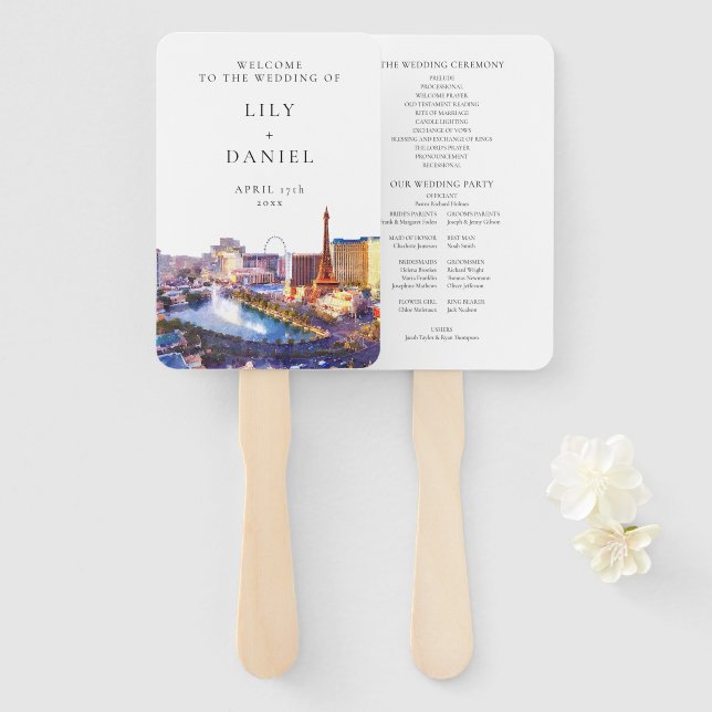 Las Vegas Skyline Watercolor Wedding Program Hand Fan (Front and Back)