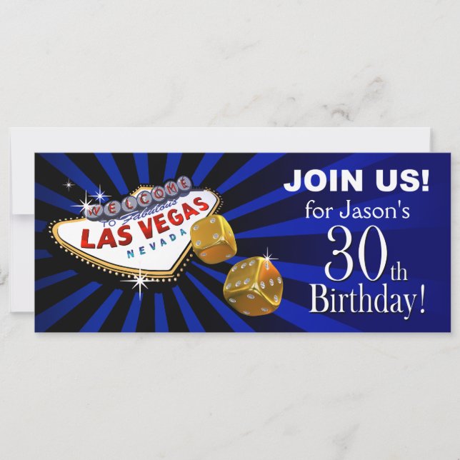 Las Vegas Starburst 30th Birthday blue gold black Invitation (Front)