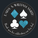 Las Vegas Theme Custom Text Malibu Blue Glitter Classic Round Sticker<br><div class="desc">Faux turquoise blue glitter and white card suits are circled by customisable text making these black,  round stickers perfect for all kinds of projects and occasions. Use them to label favours for wedding guests,  to close envelopes and more.</div>