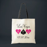 Las Vegas theme wedding tote bags for bridesmaids<br><div class="desc">Personalised Las Vegas theme wedding tote bag with playing card suits. Neon pink and hearts and black spade. Ace of spades poker wedding tote bag with King and Queen of hearts. Personalizable monogram letter for bride and groom. Cute idea for team bride, bridesmaids, flower girl, maid of honour, mother of...</div>