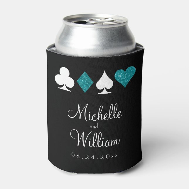 Las Vegas Themed Wedding Favour Teal Black Can Cooler (Can Front)