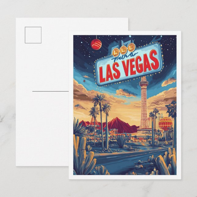 Las Vegas USA Art Vintage Illustration Travel Postcard (Front/Back)