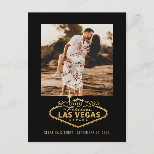Las Vegas Wedding Black Gold Photo Save the Date Announcement Postcard (Front)