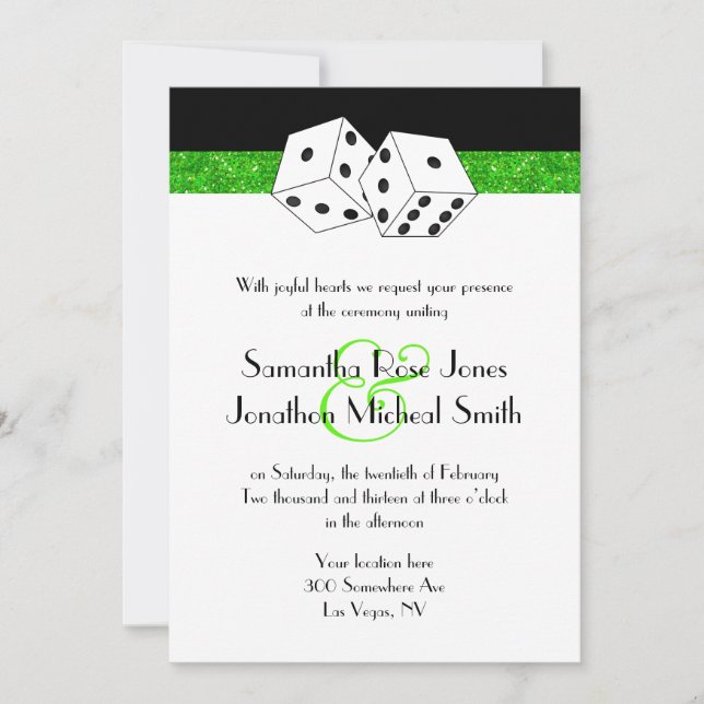 Las Vegas Wedding Dice Theme Green Faux Glitter Invitation (Front)