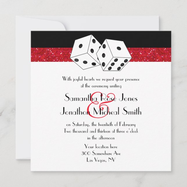 Las Vegas Wedding Dice Theme Ruby Red Faux Glitter Invitation (Front)
