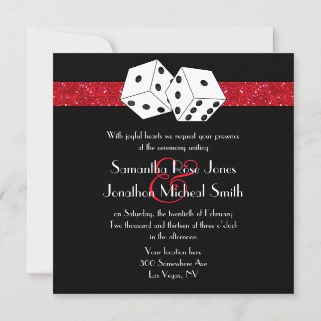 Las Vegas Wedding Dice Theme Ruby Red Faux Glitter Invitation (Front)
