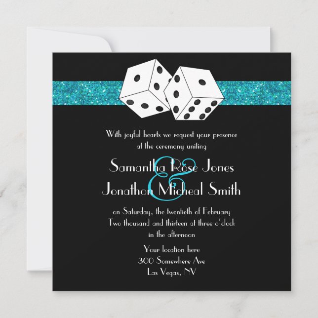 Las Vegas Wedding Dice Theme Teal Blu Faux Glitter Invitation (Front)