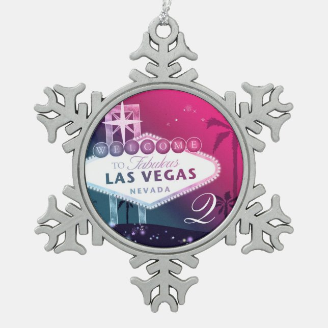 Las Vegas Wedding Monogram Keepsake Snowflake Pewter Christmas Ornament (Front)