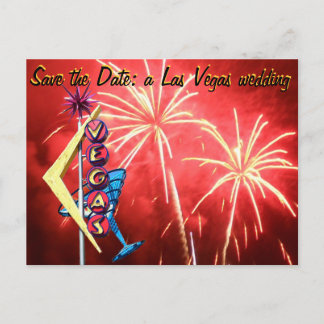 Las Vegas Wedding Vintage Sign Fireworks Announcement Postcard