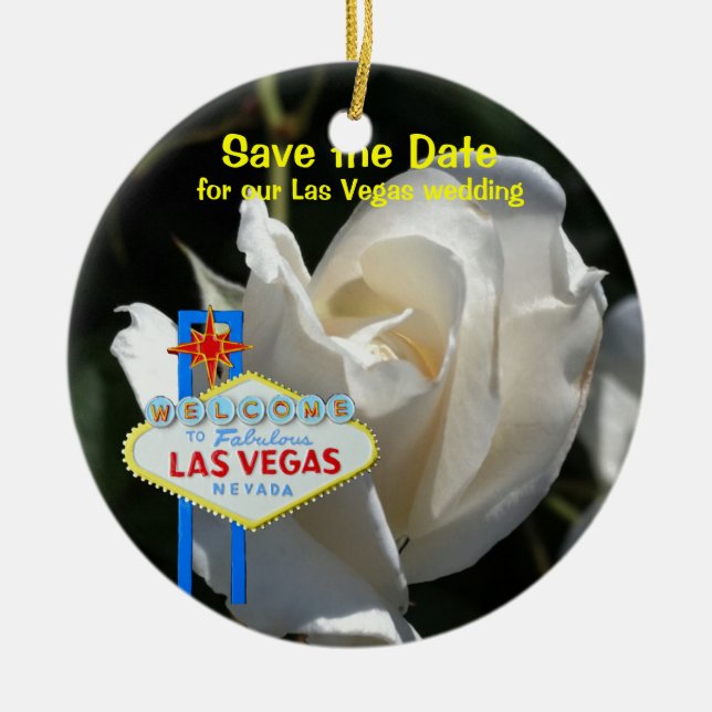 Las Vegas White Rose Wedding Announcement Ceramic Tree Decoration (Front)