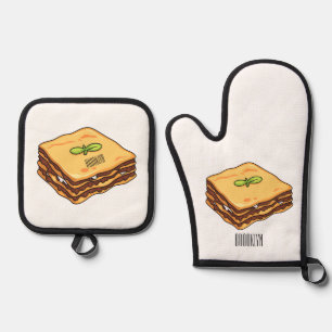 Lasagne cartoon illustration  oven mitt & pot holder set