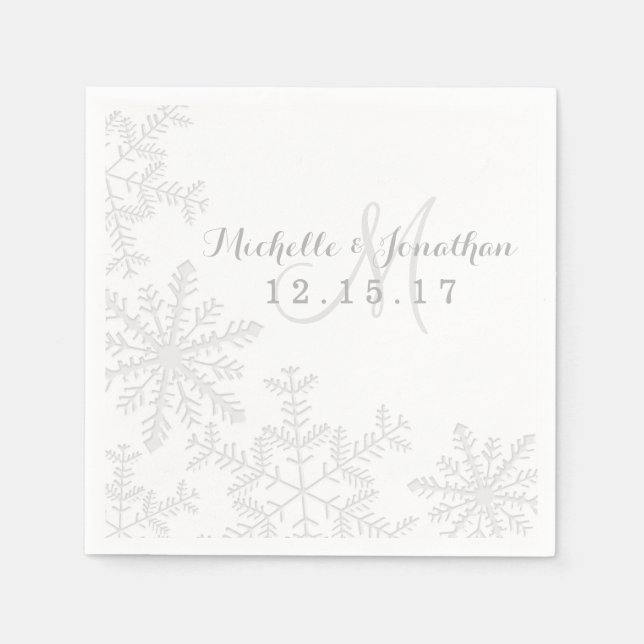 Laser Cut Silver Snowflakes Winter Wedding Napkin (Front)