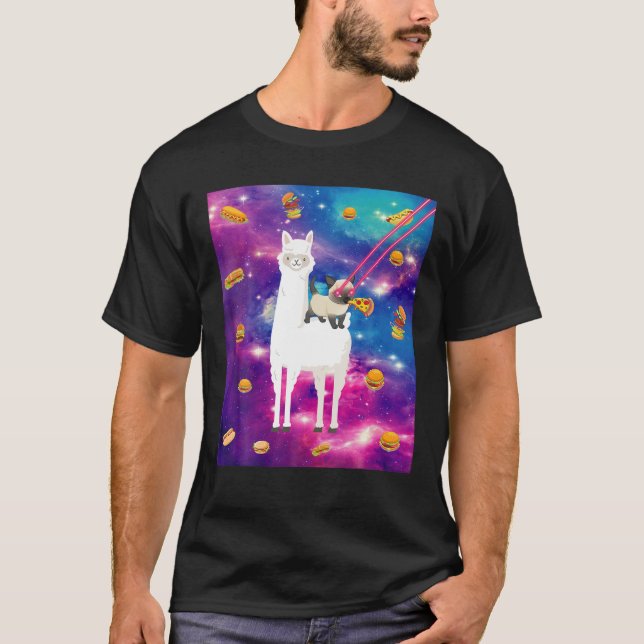 Laser Eye Cats In Space Llama Cat Eating Pizza And T-Shirt (Front)