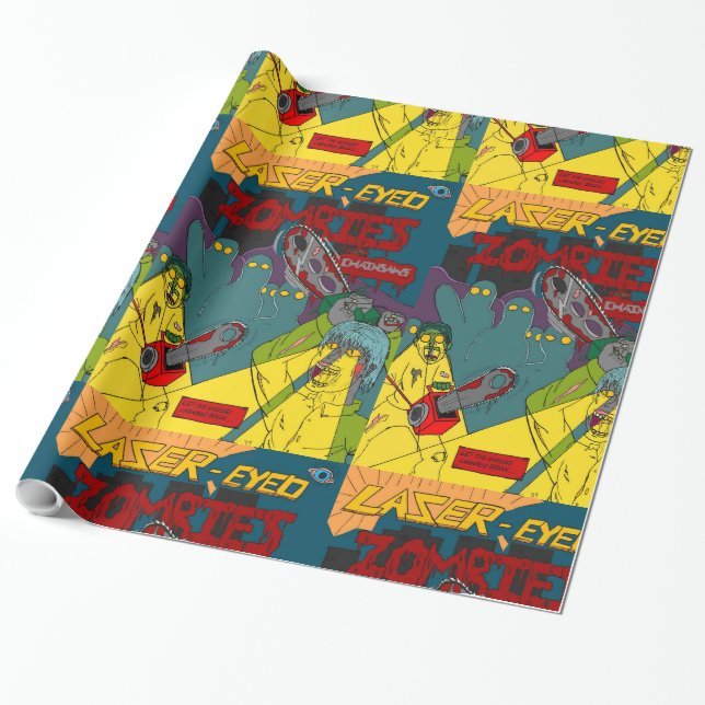 Laser-Eyed Zombies with Chainsaws Wrapping Paper (Unrolled)