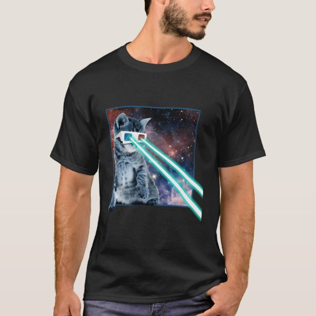 Laser Eyes Space Cat Kitty 3D Glasses T-Shirt (Front)