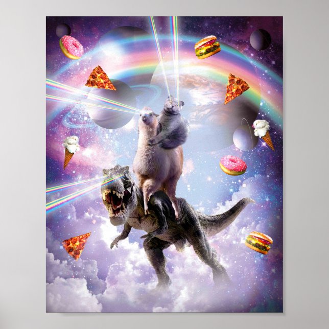 Laser Eyes Space Cat On Llama Dinosaur - Rainbow Poster (Front)