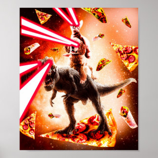 Laser Eyes Space Cat Riding Dog And Dinosaur Poster