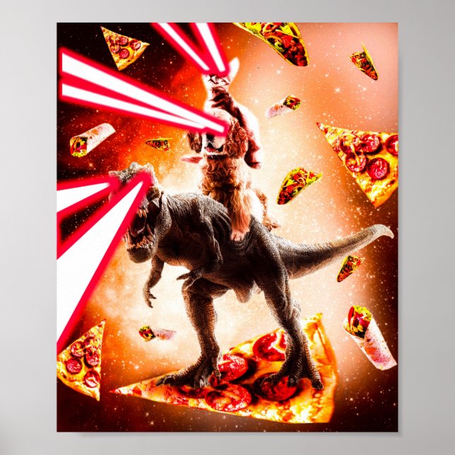 Laser Eyes Space Cat Riding Dog And Dinosaur Poster (Front)