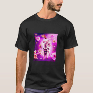 Laser Eyes Space Cat Riding Dog Pug  Rainbow  T-Shirt